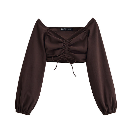 V-neck long sleeved pleated elastic solid color top for women