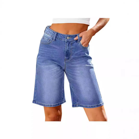 Washed elastic waisted denim cropped pants for women