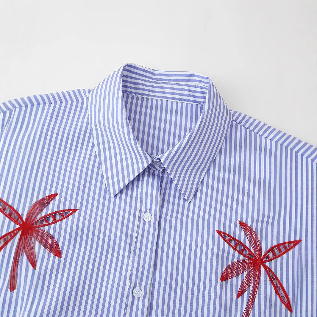 Seven quarter sleeve embroidered hollowed out striped shirt for women