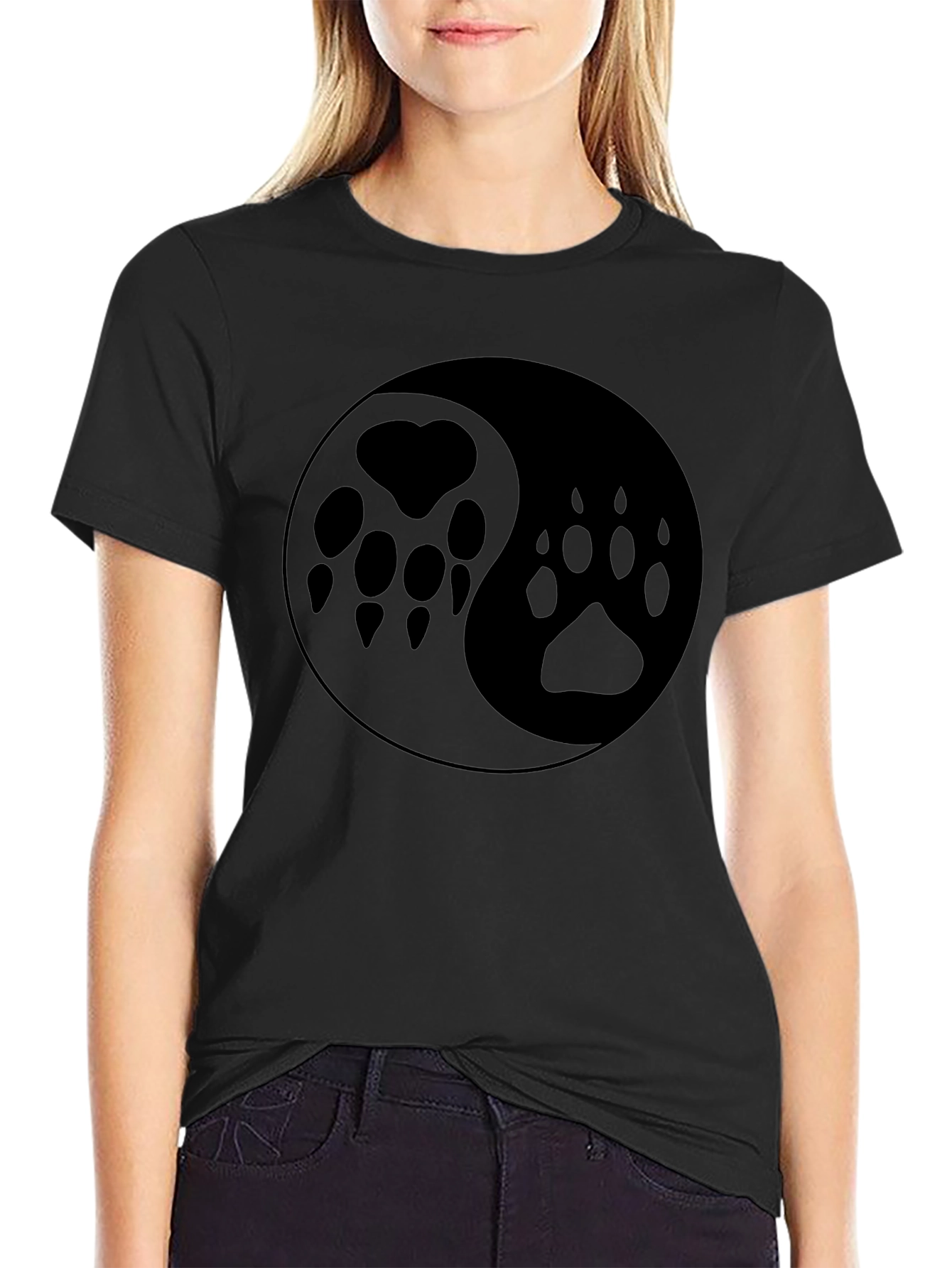 Yin Yang Paw Print T-Shirt - Black