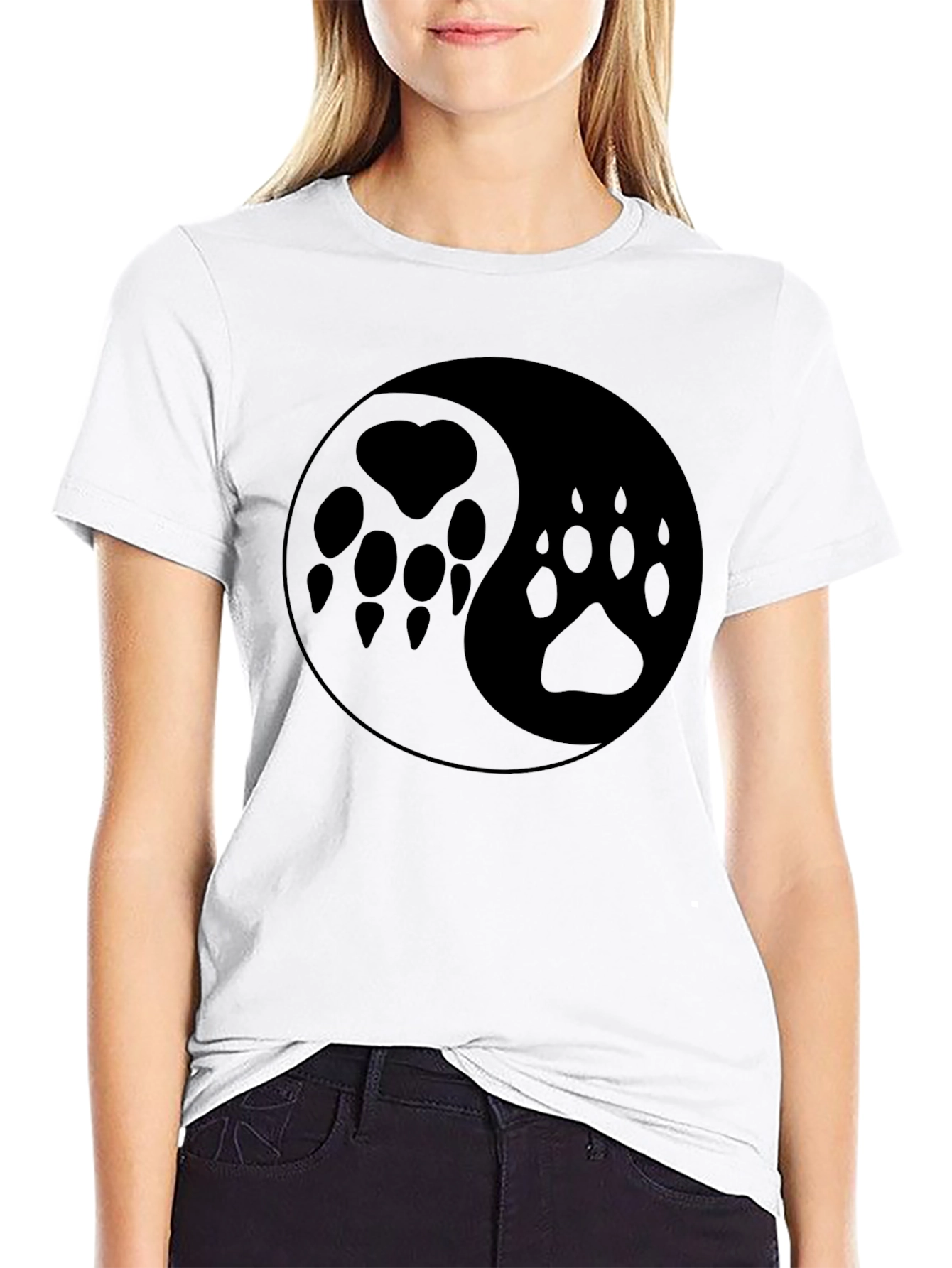 Yin Yang Paw Print T-Shirt - Black