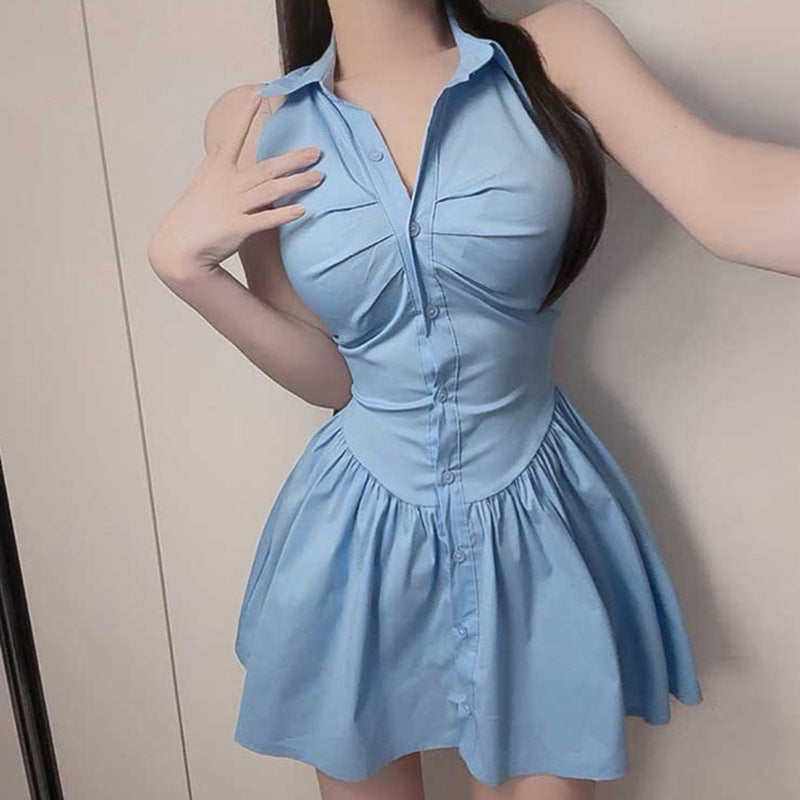 Sexy Waist Pleated Body-Shaping Halter Sleeveless Shirt Dress