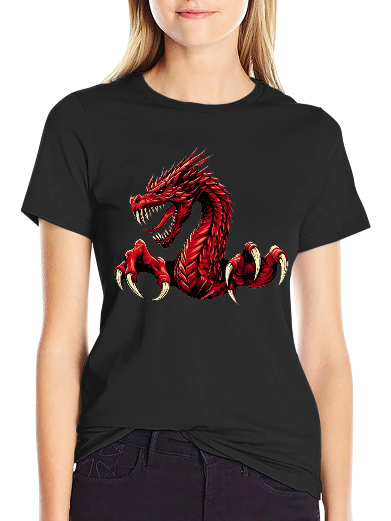 Red Dragon Graphic Print Black T-Shirt