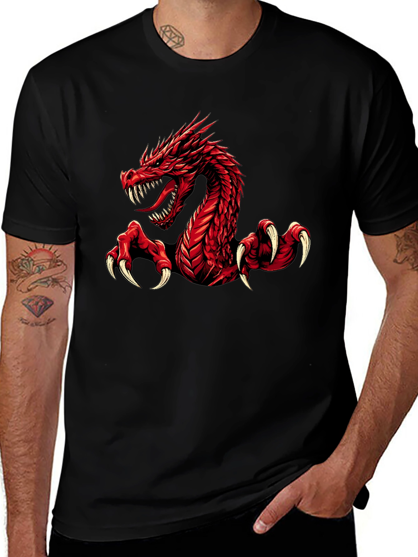 Red Dragon Graphic Print Black T-Shirt