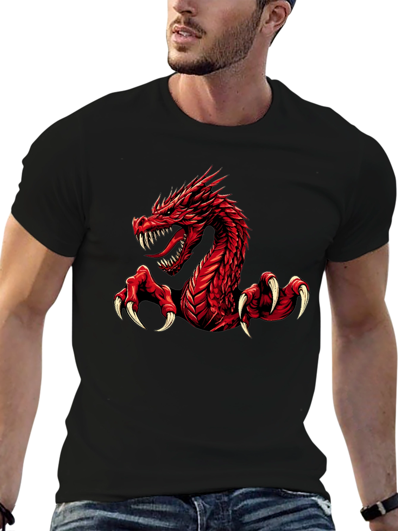 Red Dragon Graphic Print Black T-Shirt
