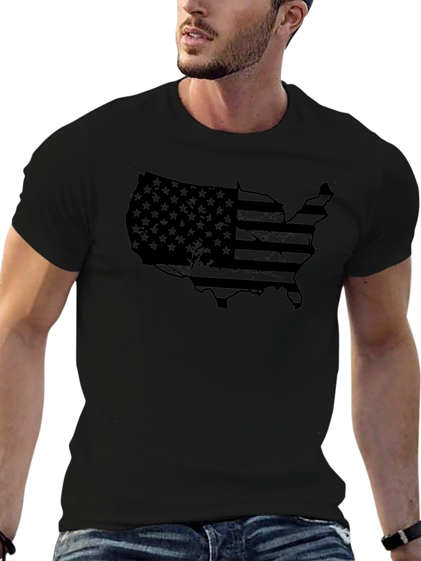 USA Flag Map Graphic Black T-Shirt