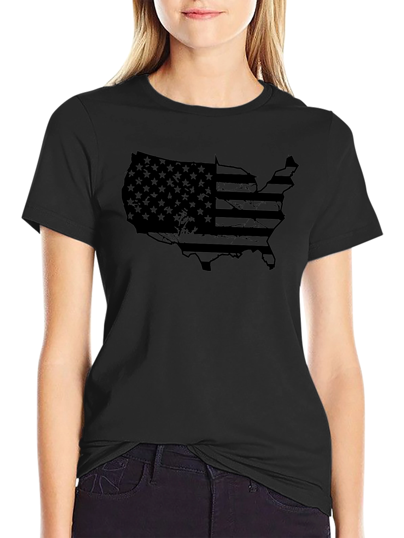 USA Flag Map Graphic Black T-Shirt