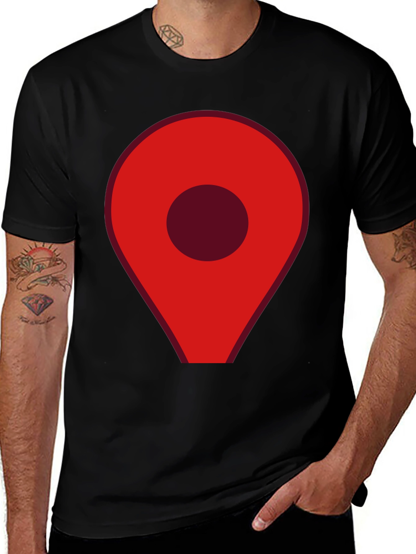 Red Location Pin Graphic Black T-Shirt