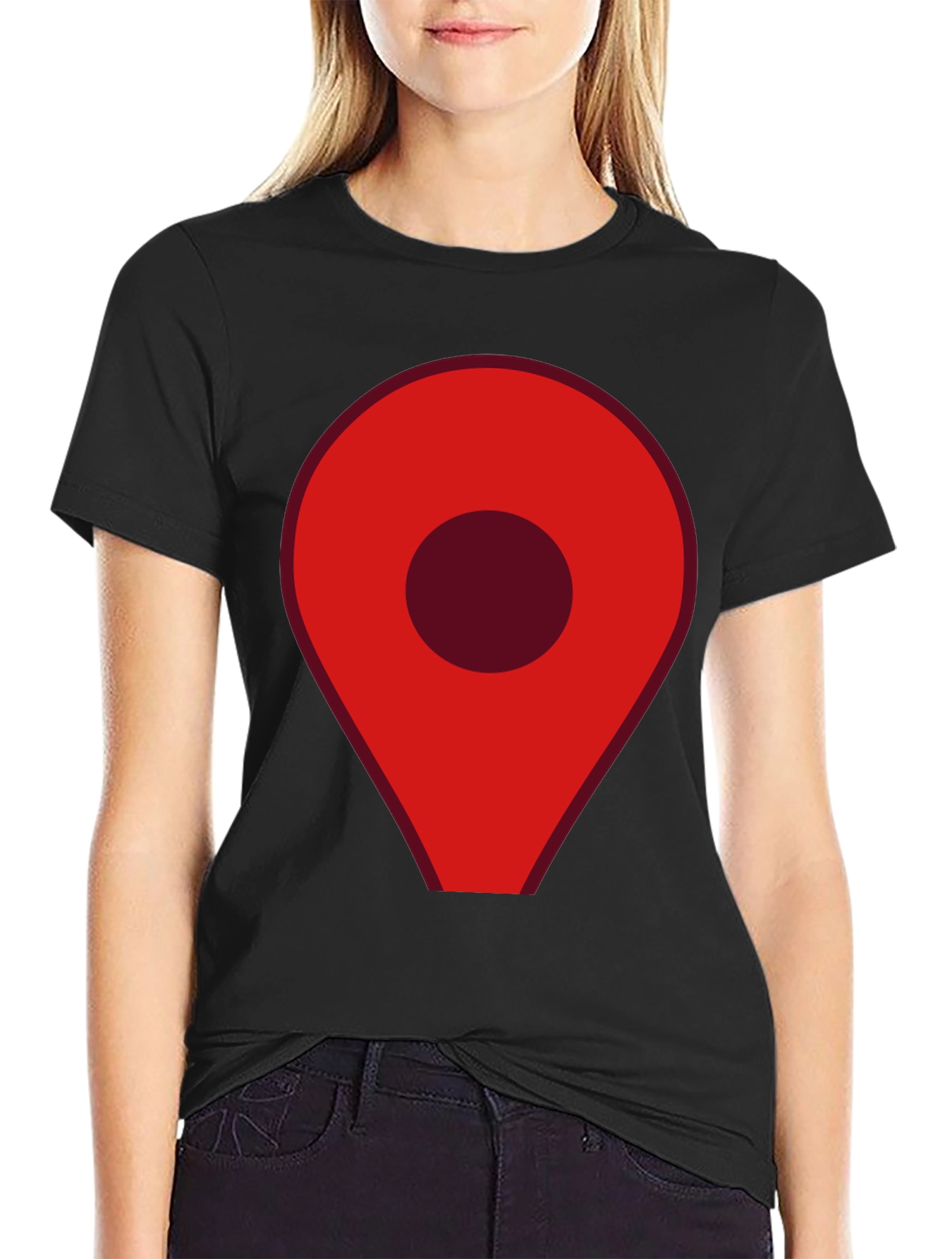 Red Location Pin Graphic Black T-Shirt