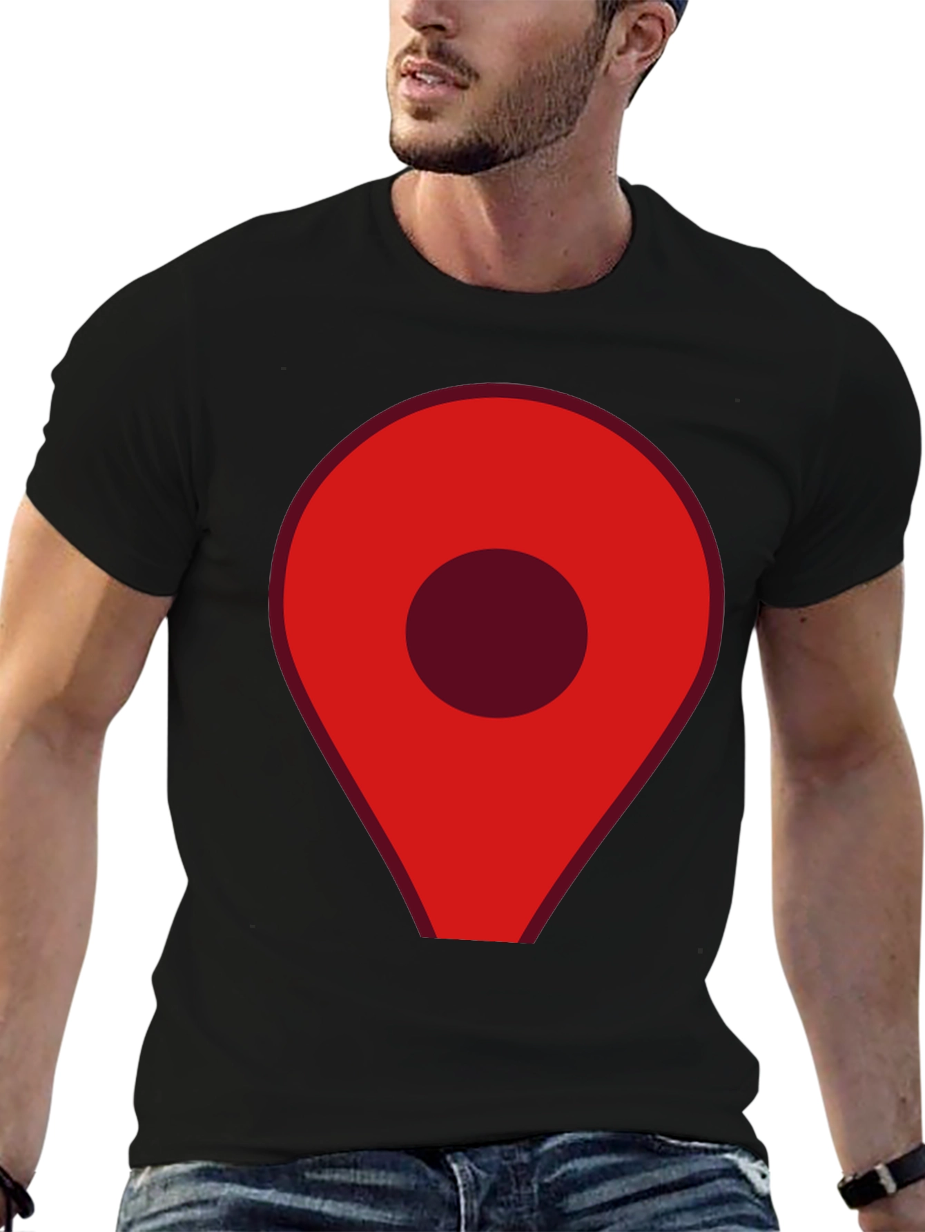 Red Location Pin Graphic Black T-Shirt