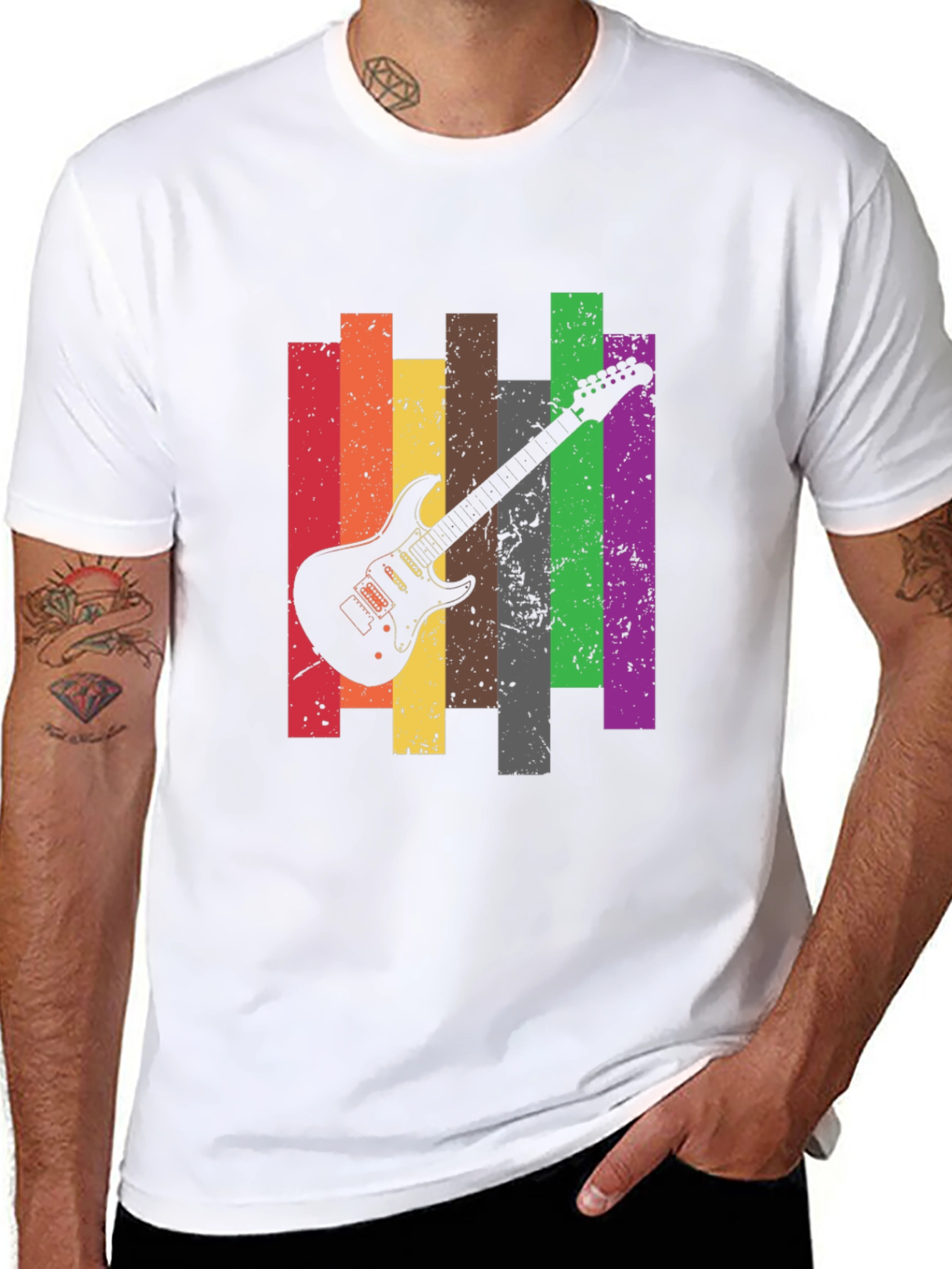 Retro Guitar Stripe Graphic Tee - Black Cotton T-Shirt