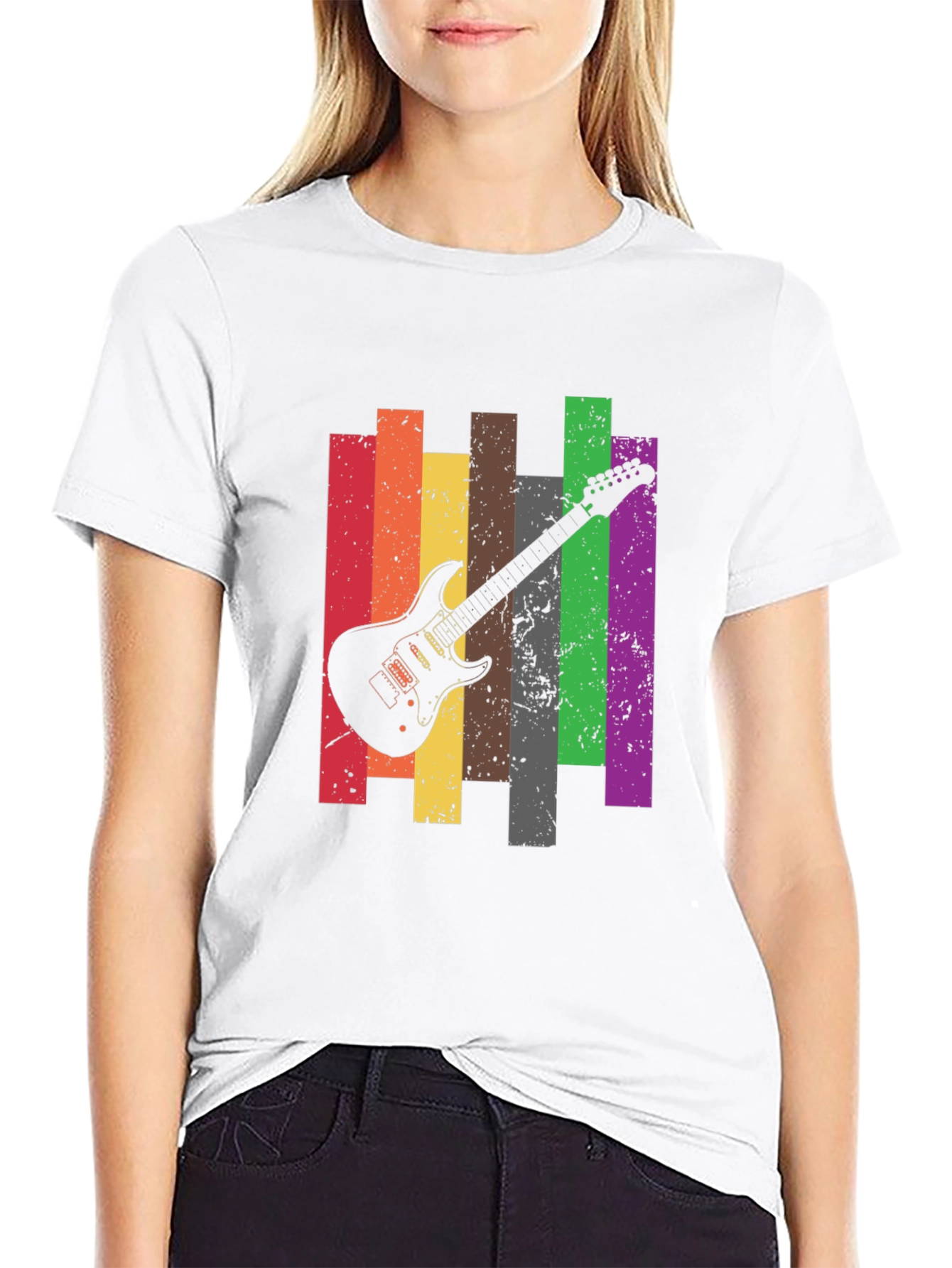 Retro Guitar Stripe Graphic Tee - Black Cotton T-Shirt