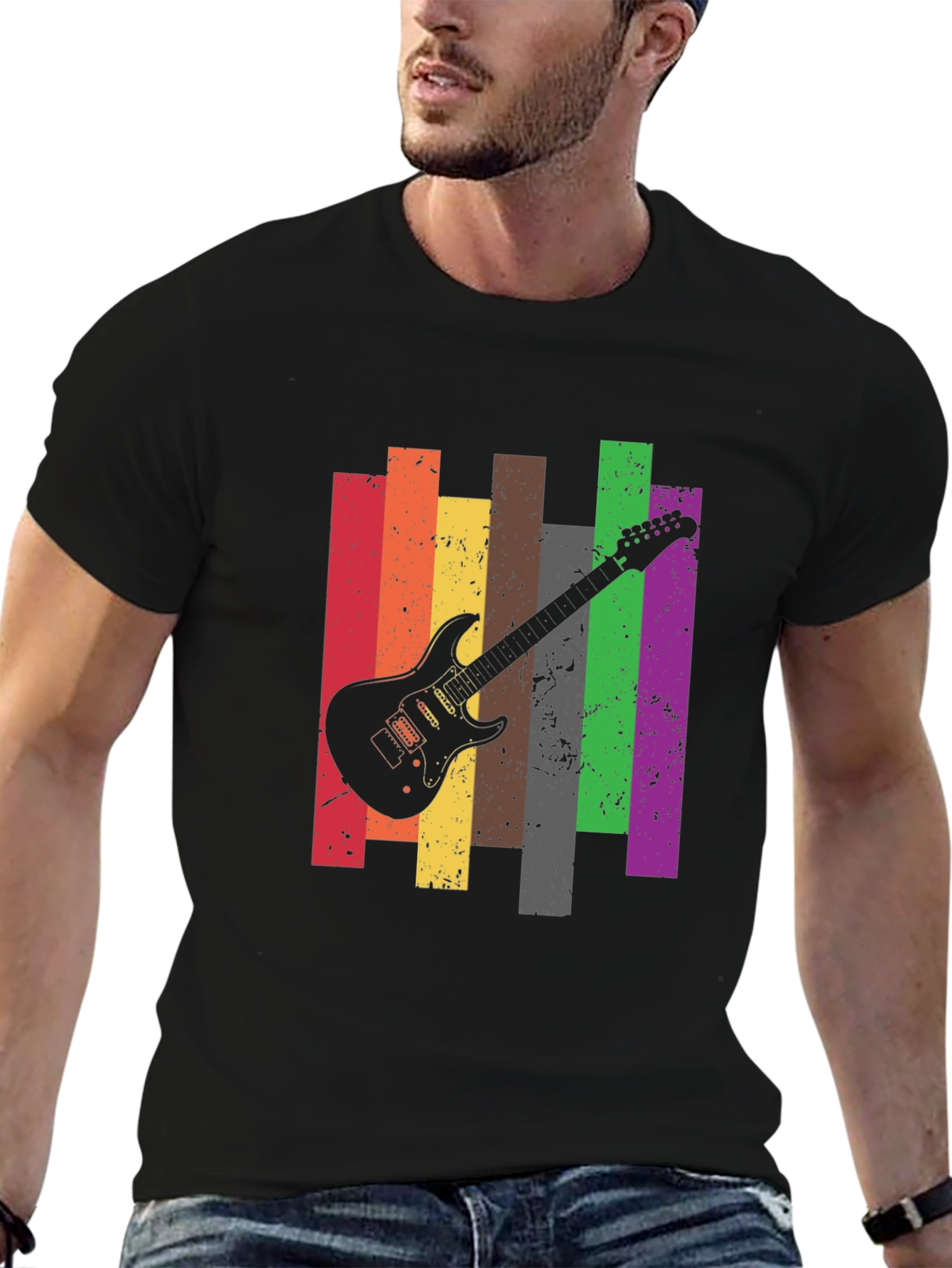 Retro Guitar Stripe Graphic Tee - Black Cotton T-Shirt
