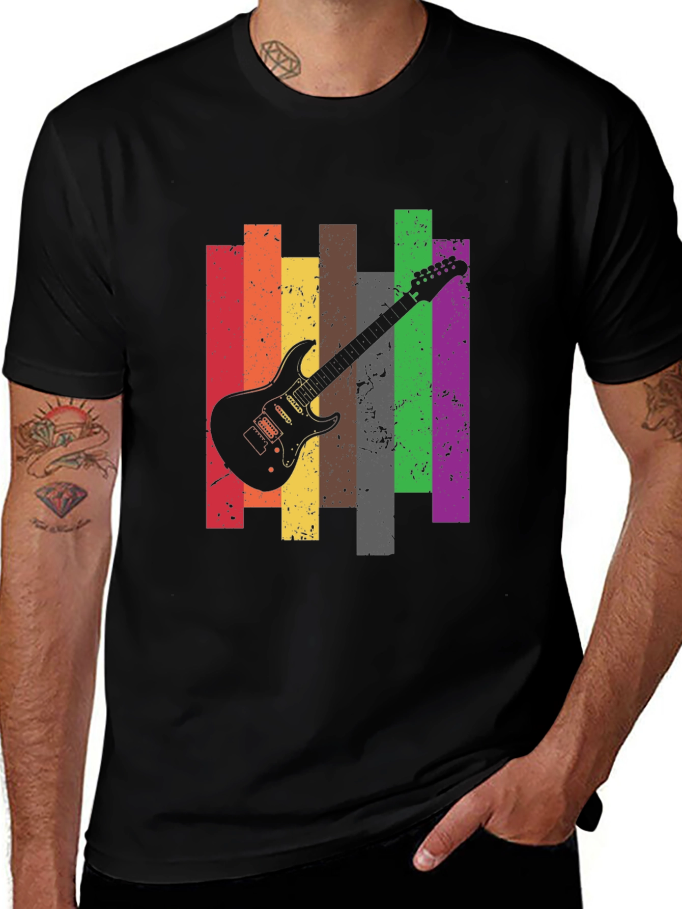 Retro Guitar Stripe Graphic Tee - Black Cotton T-Shirt