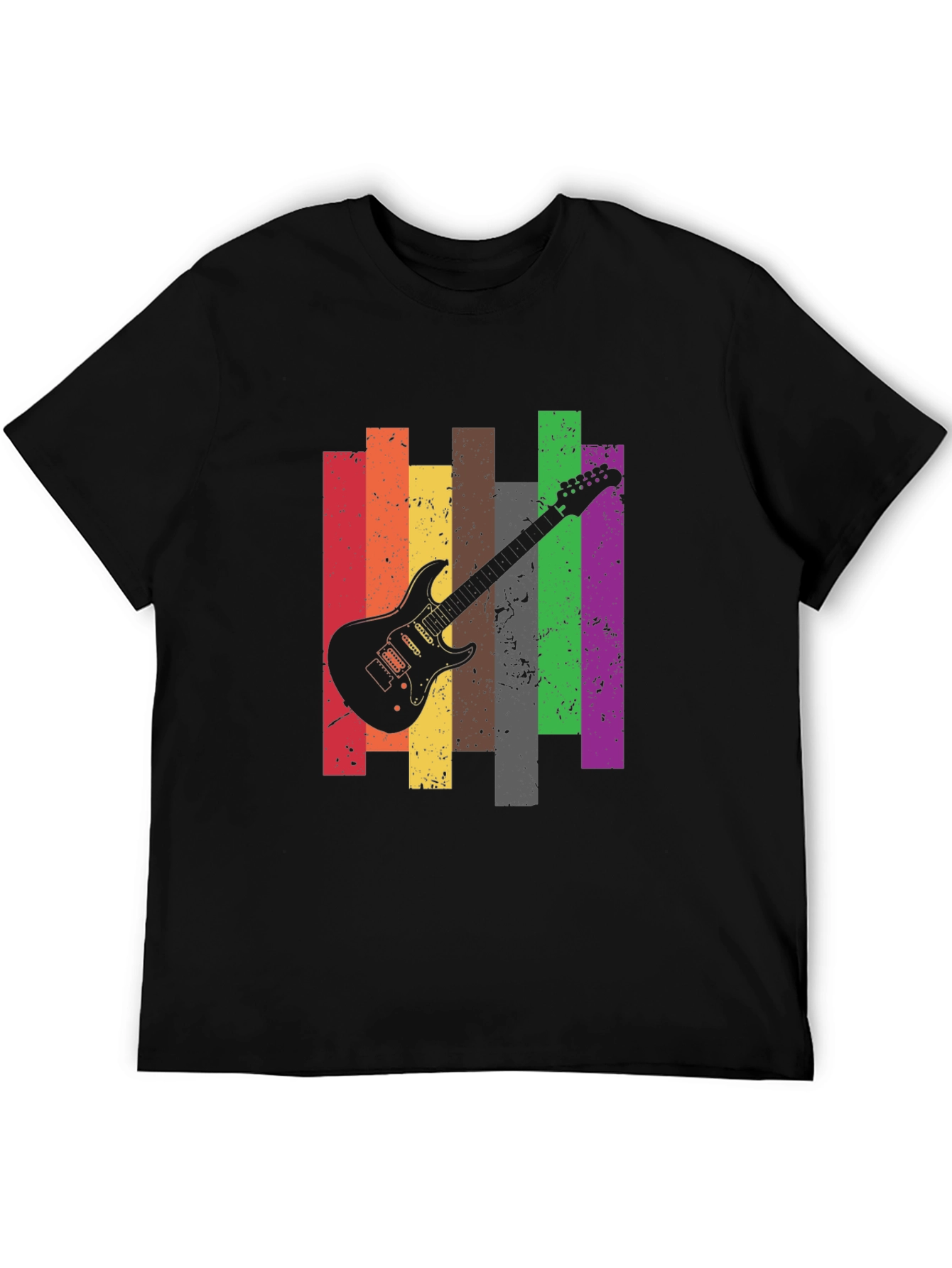 Retro Guitar Stripe Graphic Tee - Black Cotton T-Shirt