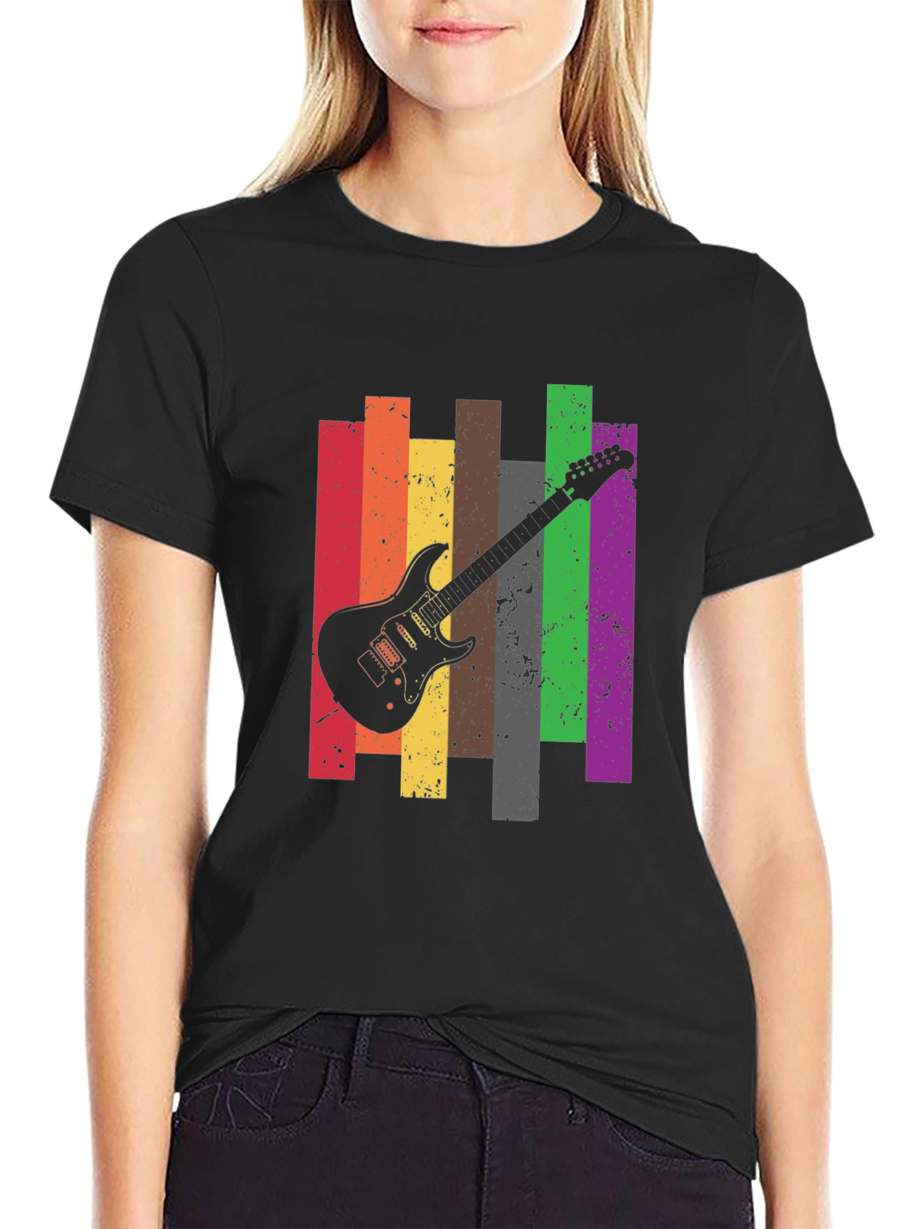 Retro Guitar Stripe Graphic Tee - Black Cotton T-Shirt