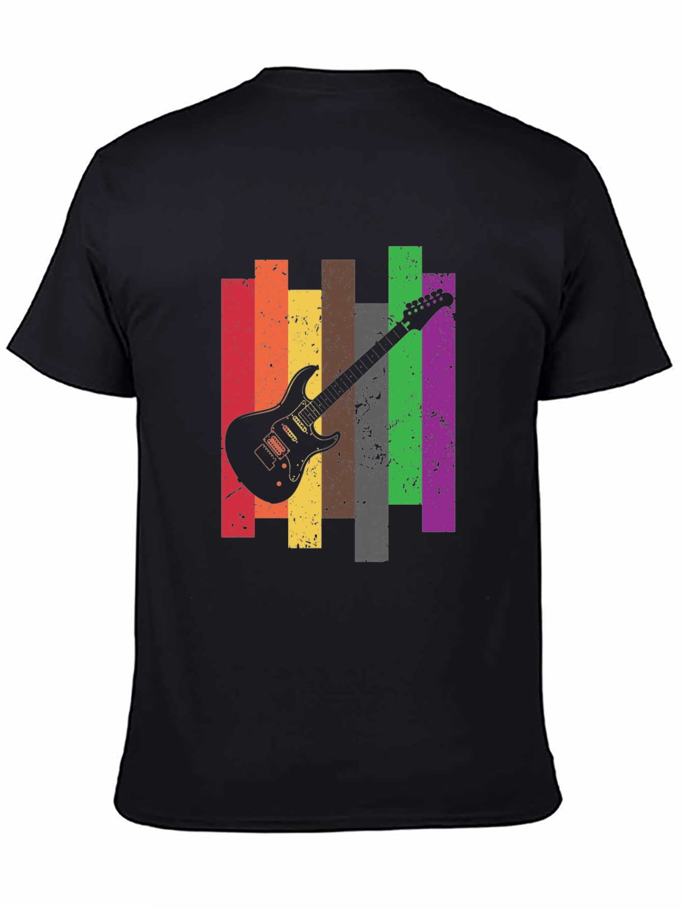 Retro Guitar Stripe Graphic Tee - Black Cotton T-Shirt