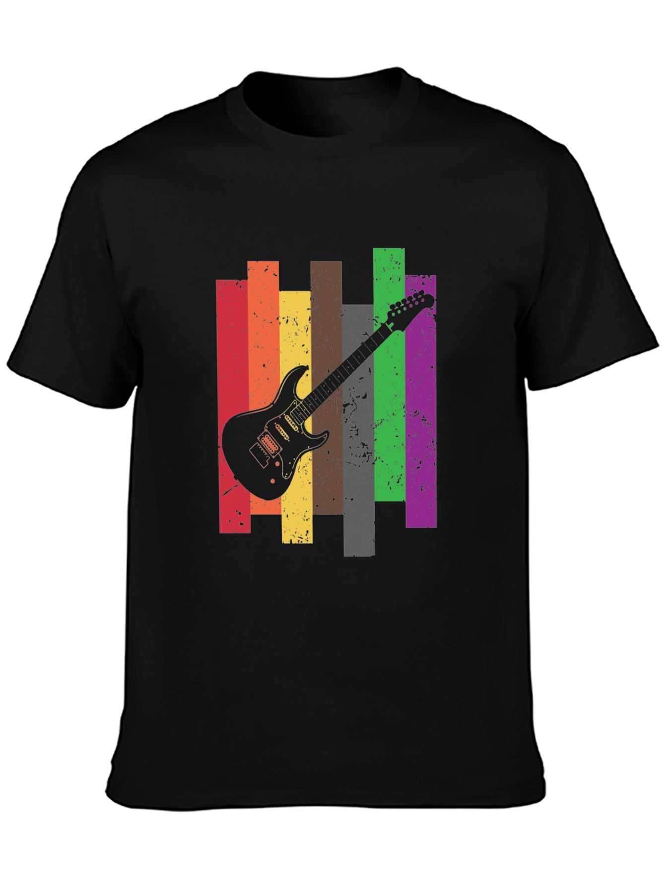 Retro Guitar Stripe Graphic Tee - Black Cotton T-Shirt