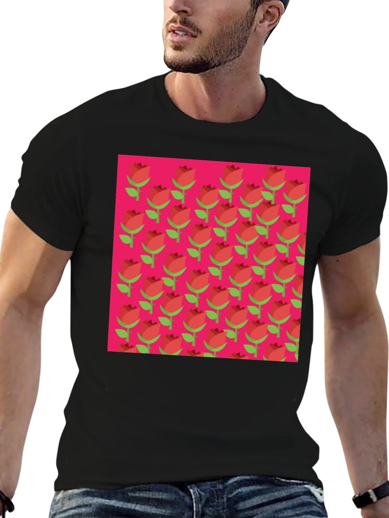 Retro Rose Pattern Tee - Black