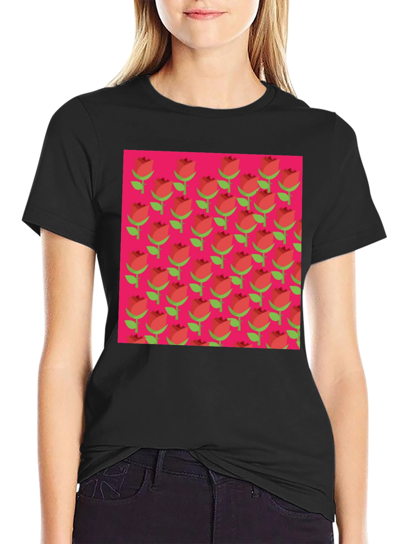 Retro Rose Pattern Tee - Black
