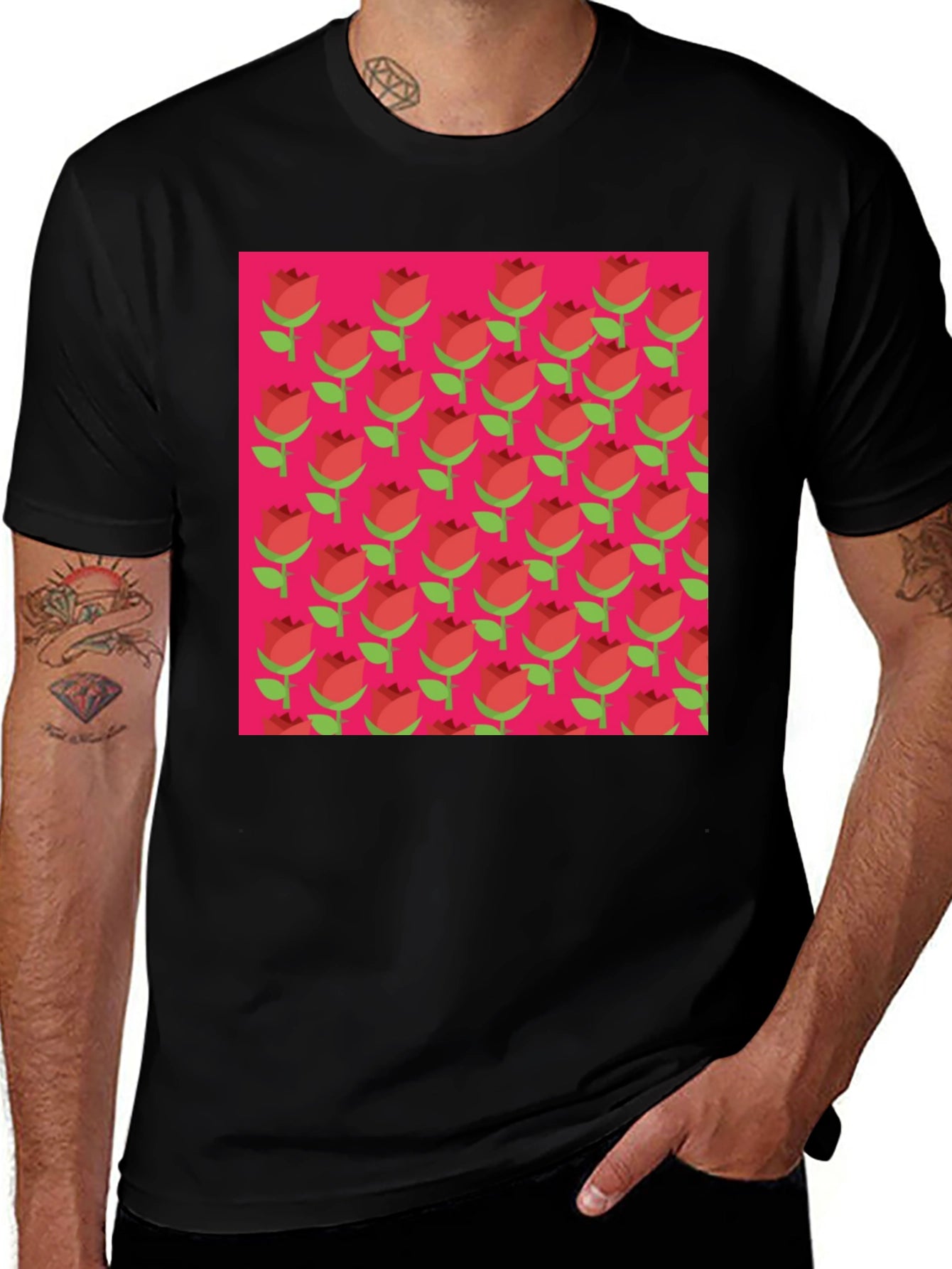 Retro Rose Pattern Tee - Black