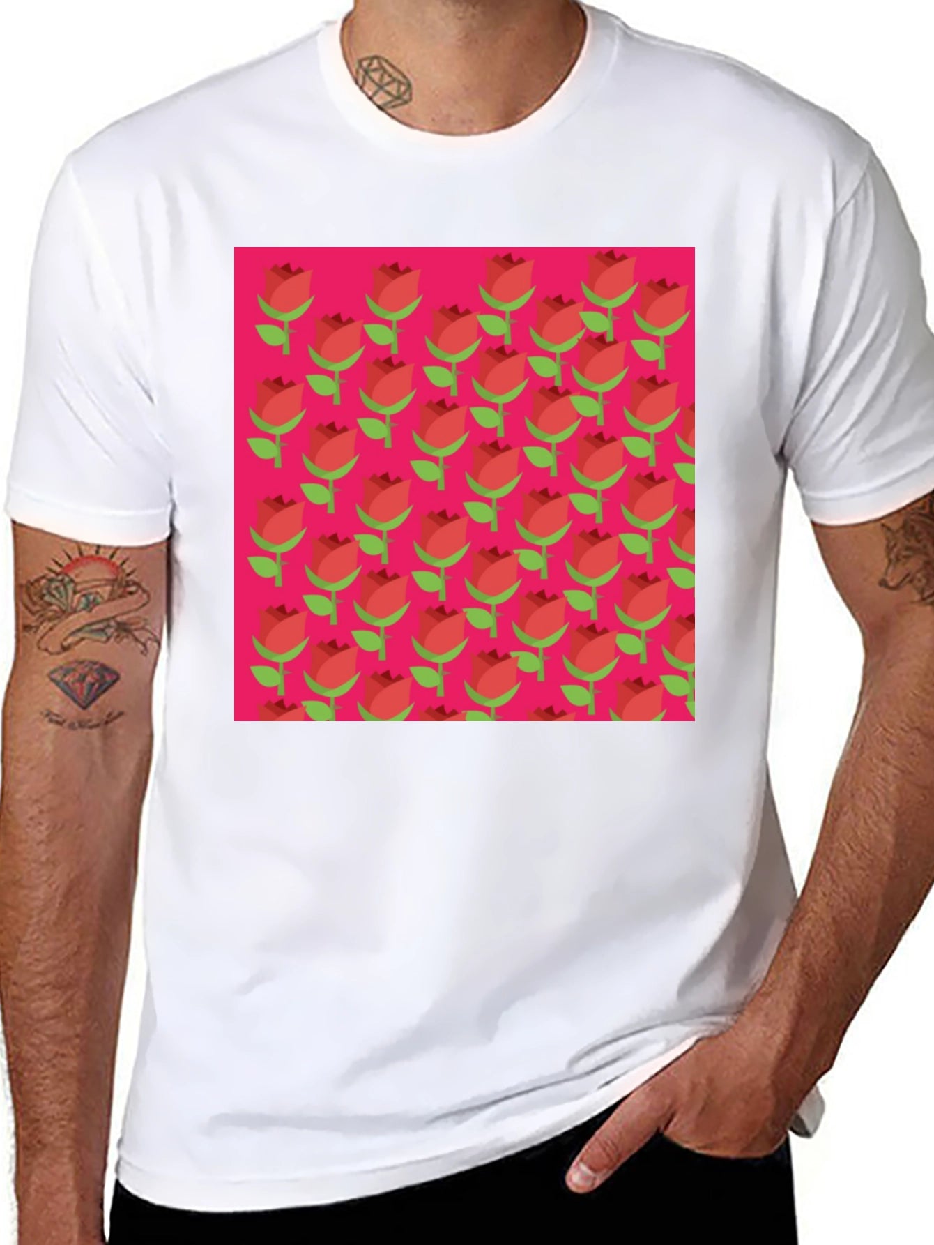 Retro Rose Pattern Tee - Black