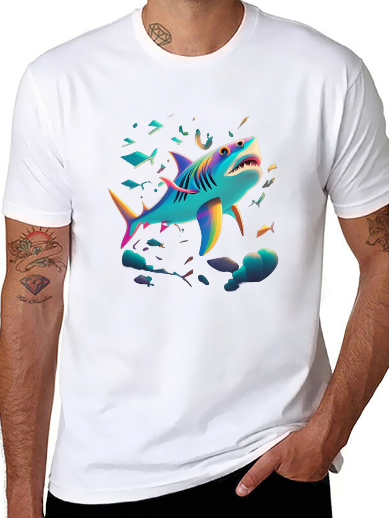 Vibrant Shark Graphic Tee - Black Cotton Blend