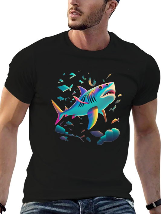 Vibrant Shark Graphic Tee - Black Cotton Blend