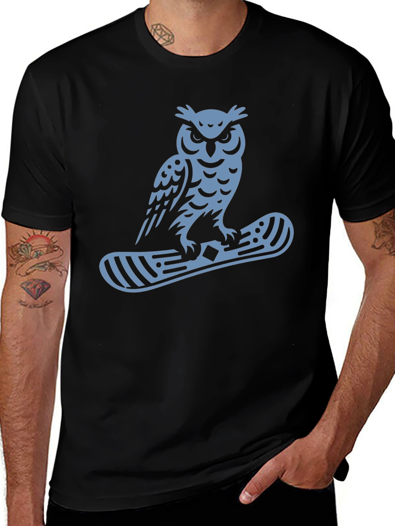 Owl Snowboard Graphic Tee - Black Cotton Casual T-Shirt