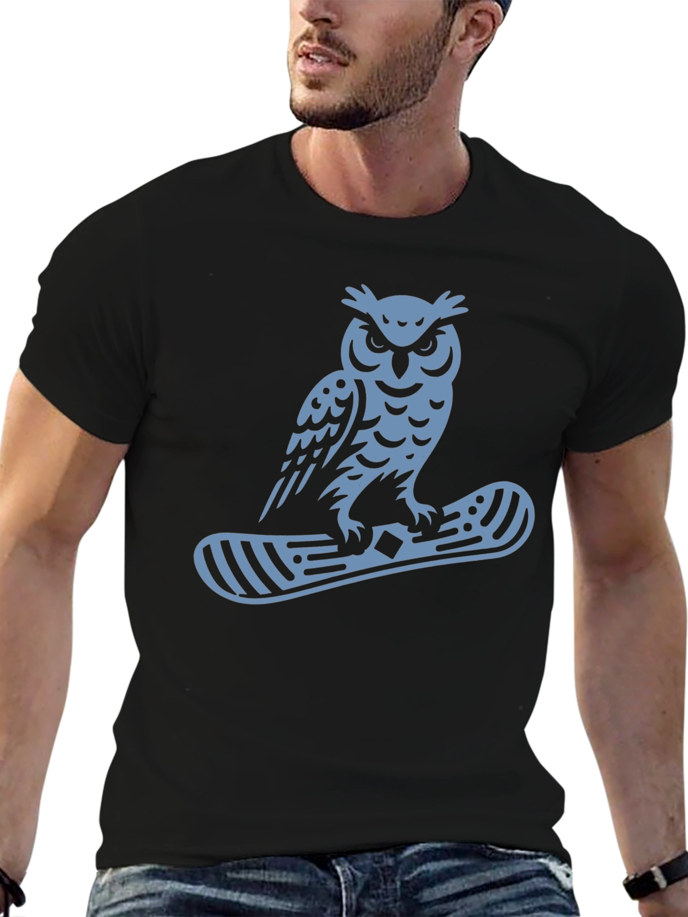Owl Snowboard Graphic Tee - Black Cotton Casual T-Shirt