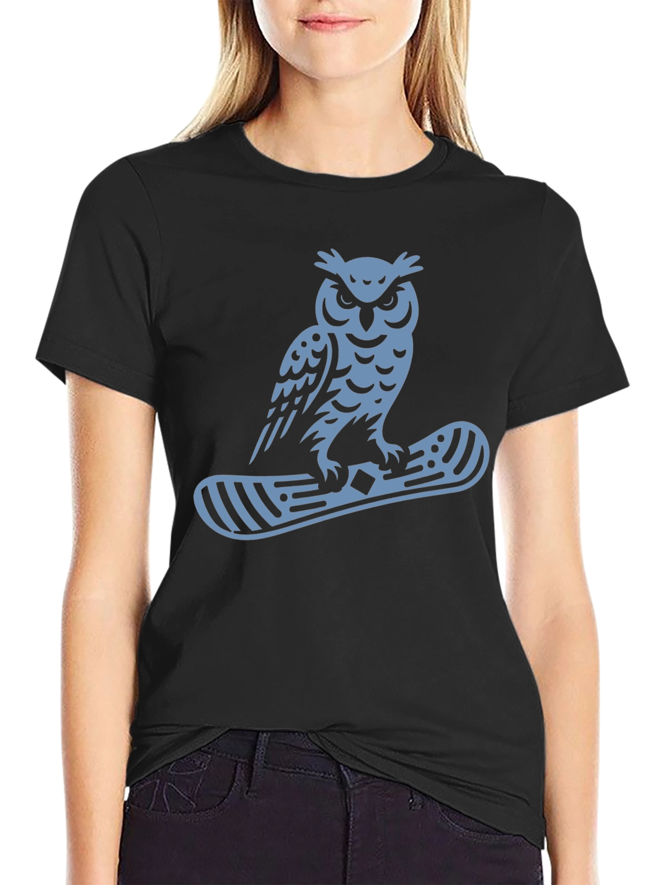 Owl Snowboard Graphic Tee - Black Cotton Casual T-Shirt