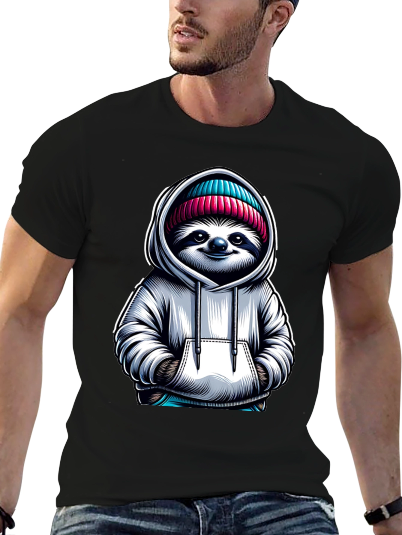 Sloth in Hoodie Graphic Tee - Casual Style