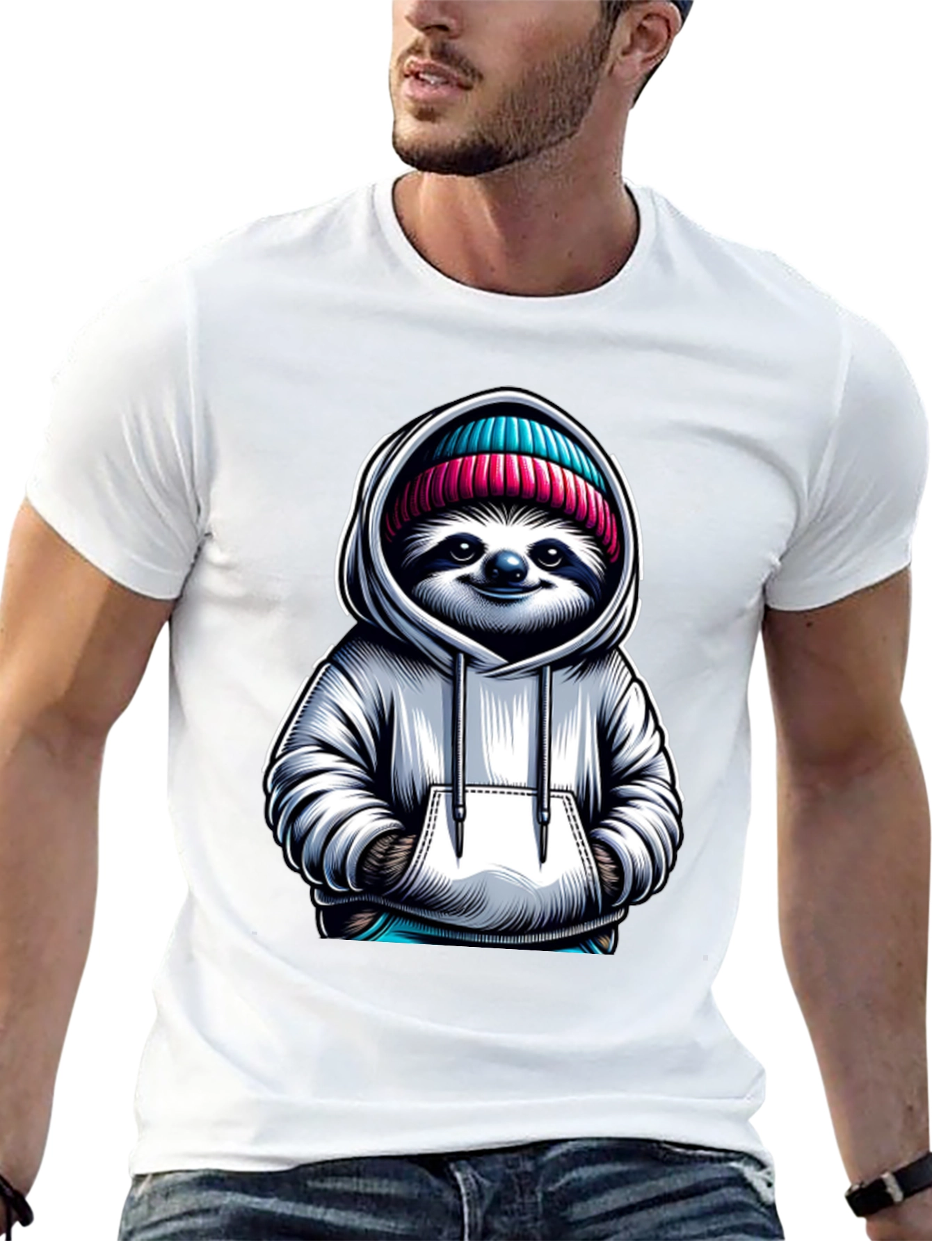 Sloth in Hoodie Graphic Tee - Casual Style