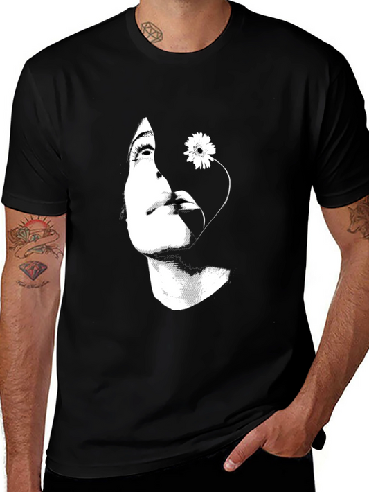 Woman with Flower Graphic Black T-Shirt