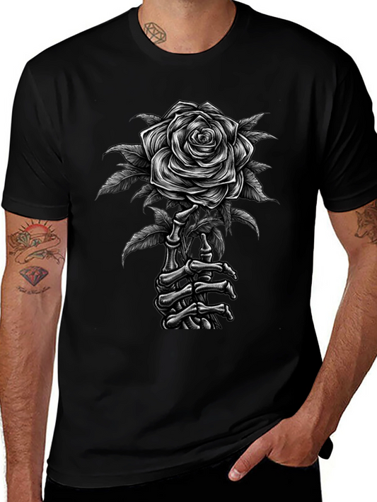 Rose & Skeleton Hand Graphic Tee - Gothic Style Shirt
