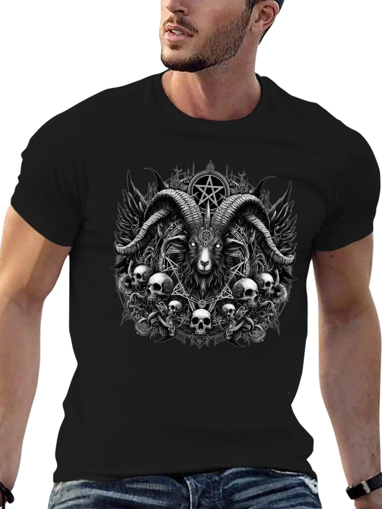 Baphomet Skull Graphic Tee - Dark Satanic Design