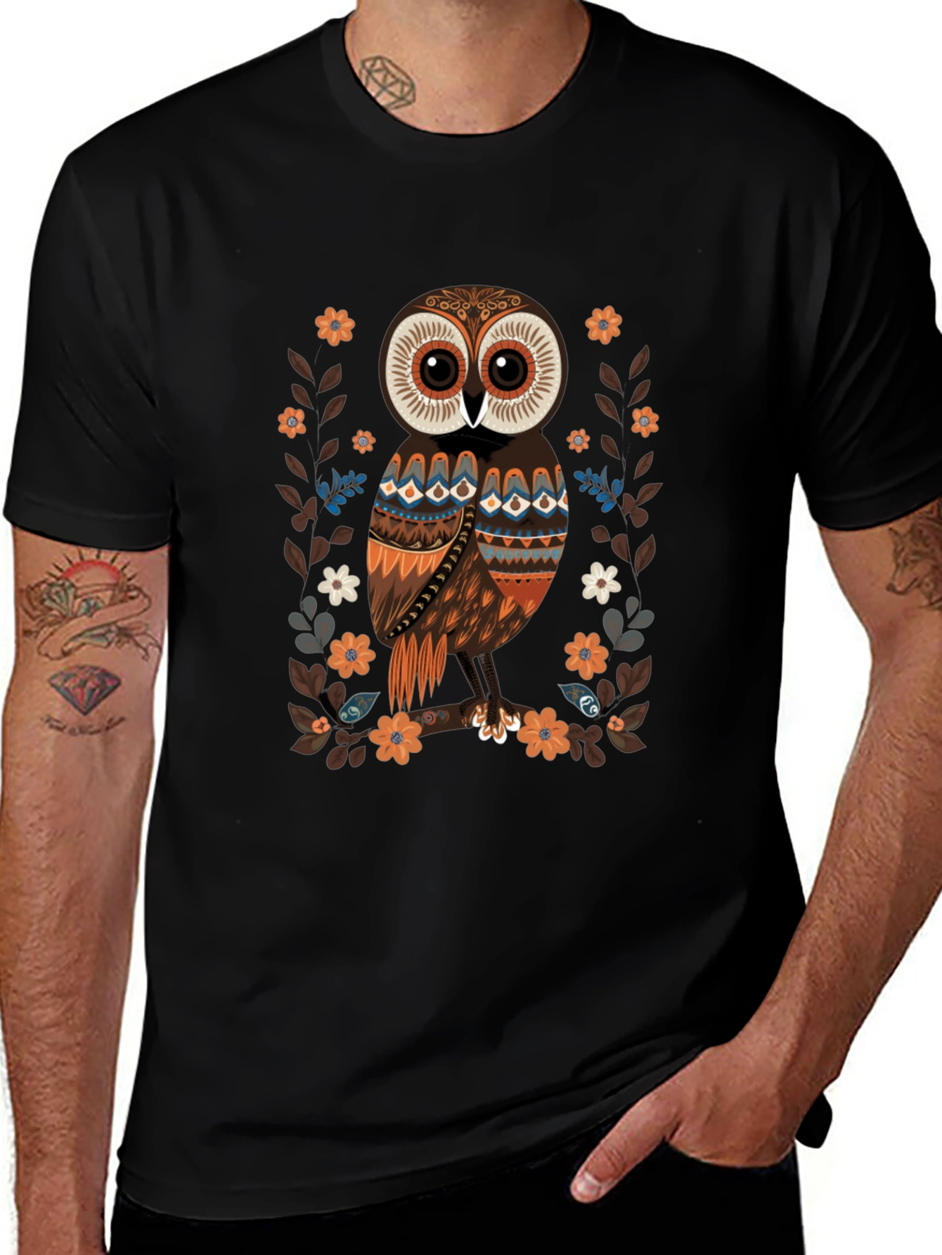 Owl Graphic Print Mens Black T-Shirt