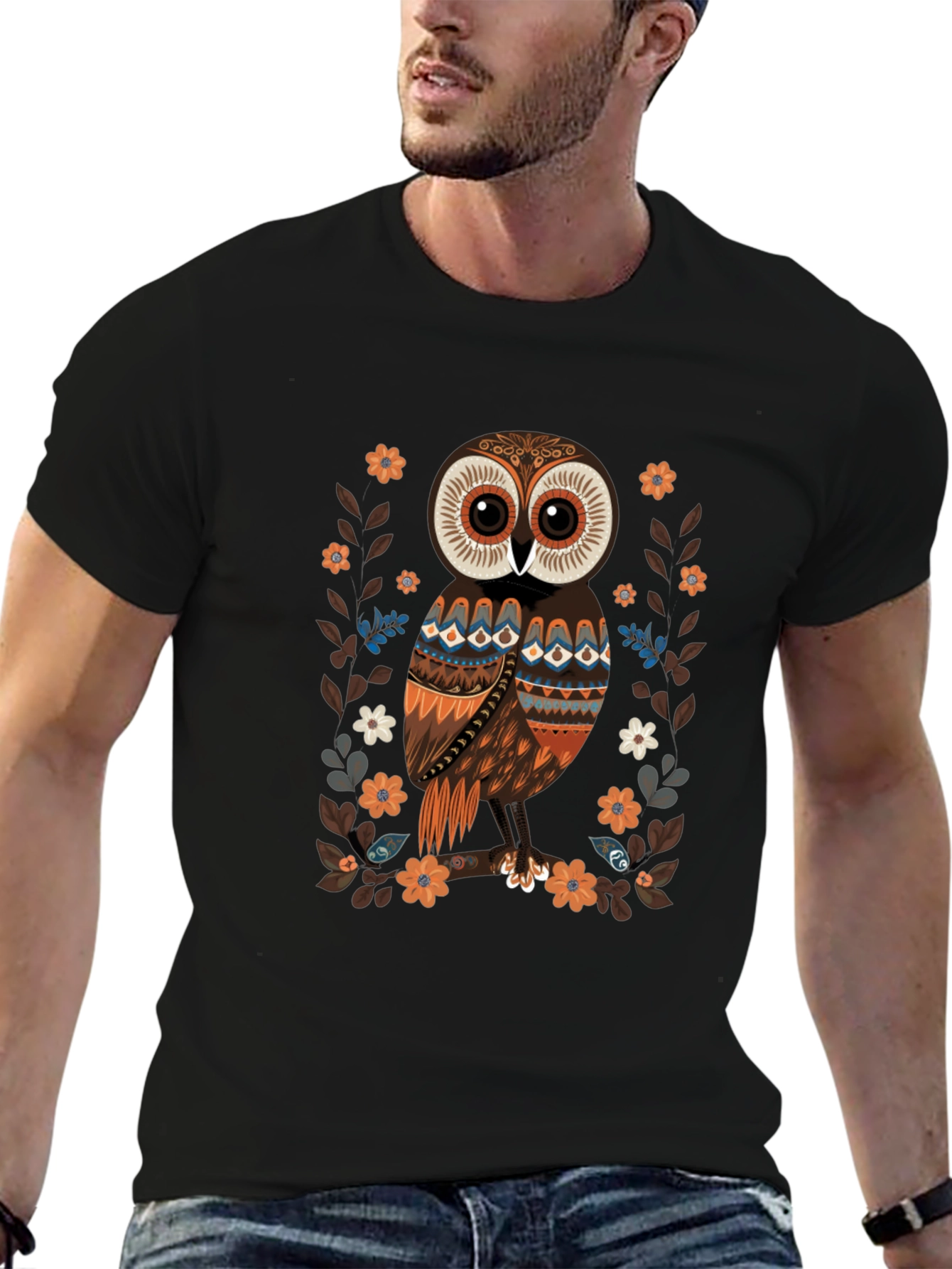 Owl Graphic Print Mens Black T-Shirt