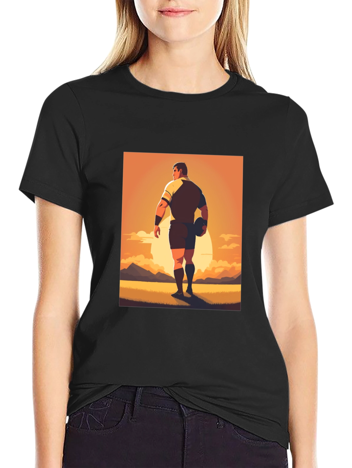 Rugby Player Graphic Tee - Black Cotton Shirt