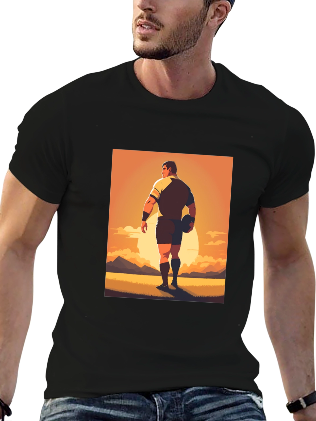Rugby Player Graphic Tee - Black Cotton Shirt