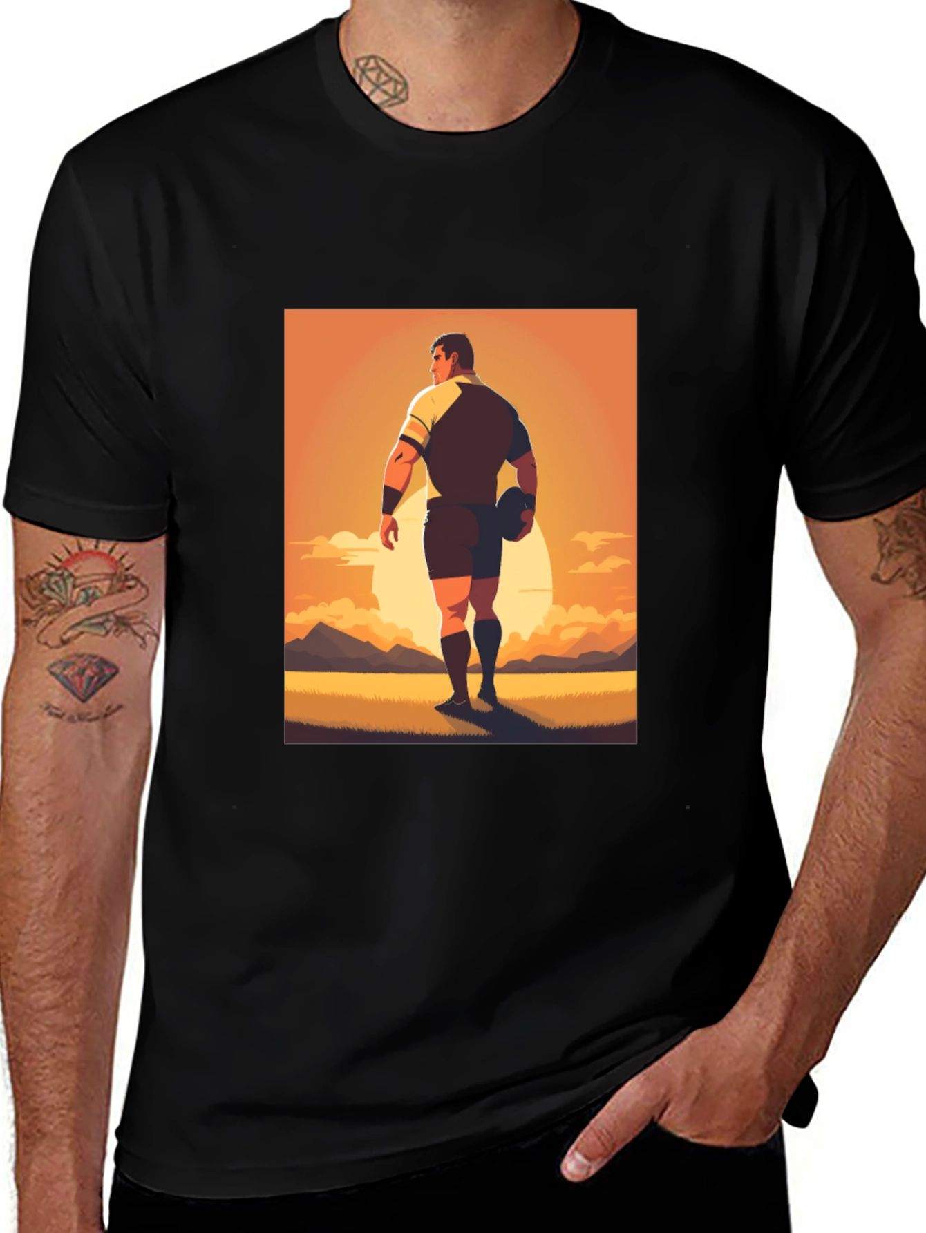 Rugby Player Graphic Tee - Black Cotton Shirt