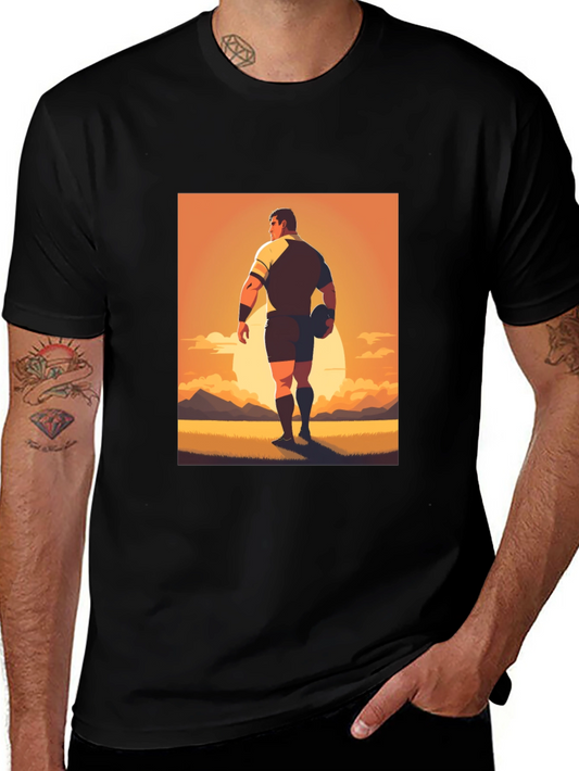 Rugby Player Graphic Tee - Black Cotton Shirt