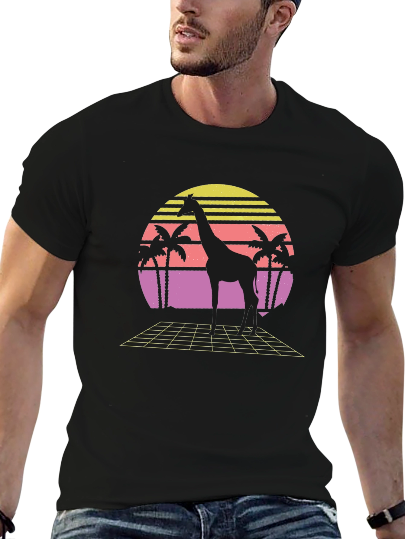 Retro Giraffe Sunset Graphic T-Shirt