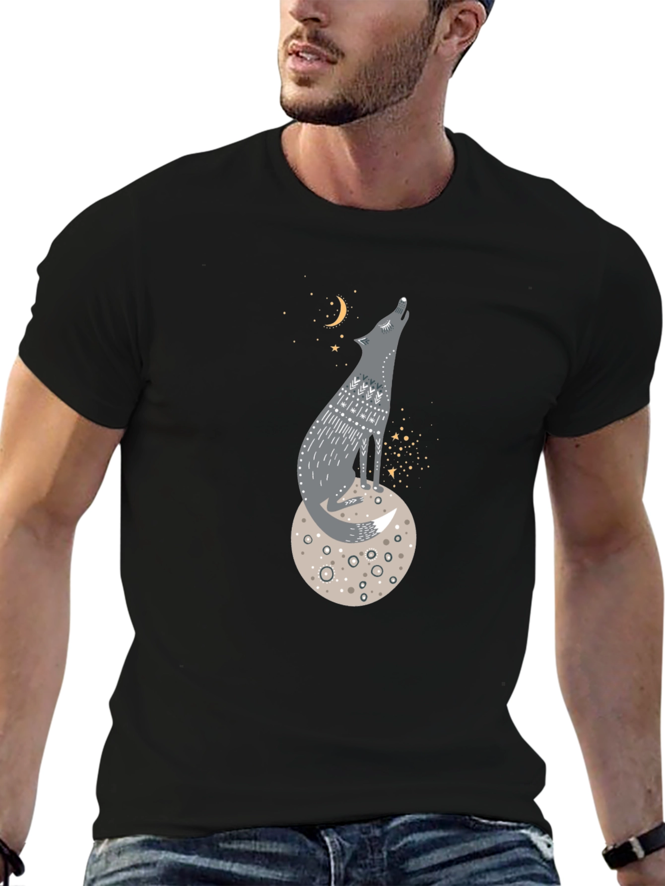 Wolf on Moon Graphic Tee - Black Cotton T-Shirt