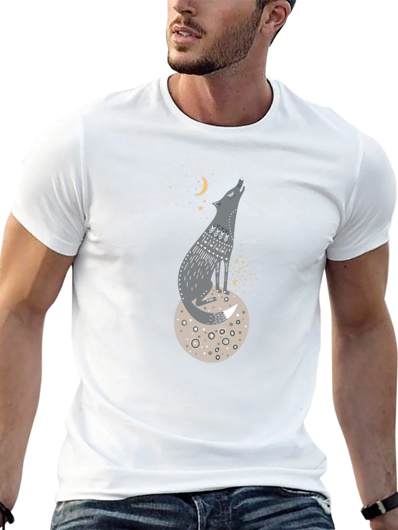 Wolf on Moon Graphic Tee - Black Cotton T-Shirt