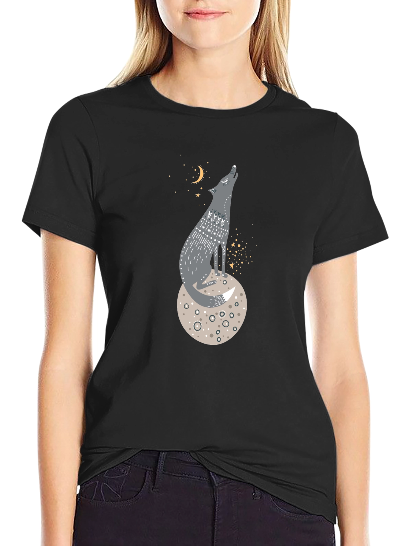 Wolf on Moon Graphic Tee - Black Cotton T-Shirt