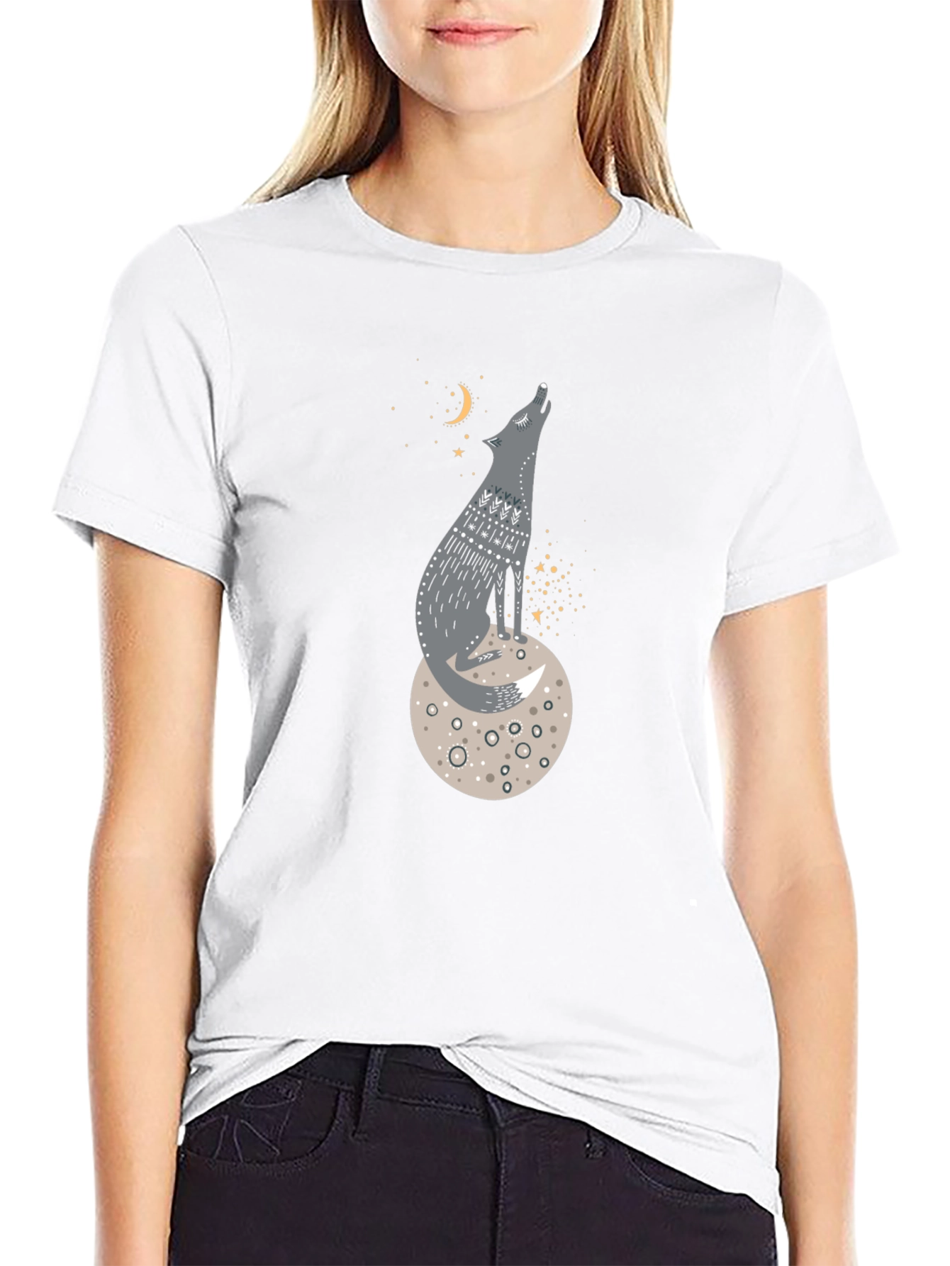 Wolf on Moon Graphic Tee - Black Cotton T-Shirt
