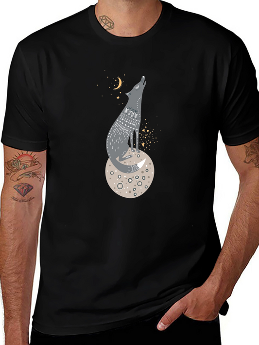 Wolf on Moon Graphic Tee - Black Cotton T-Shirt