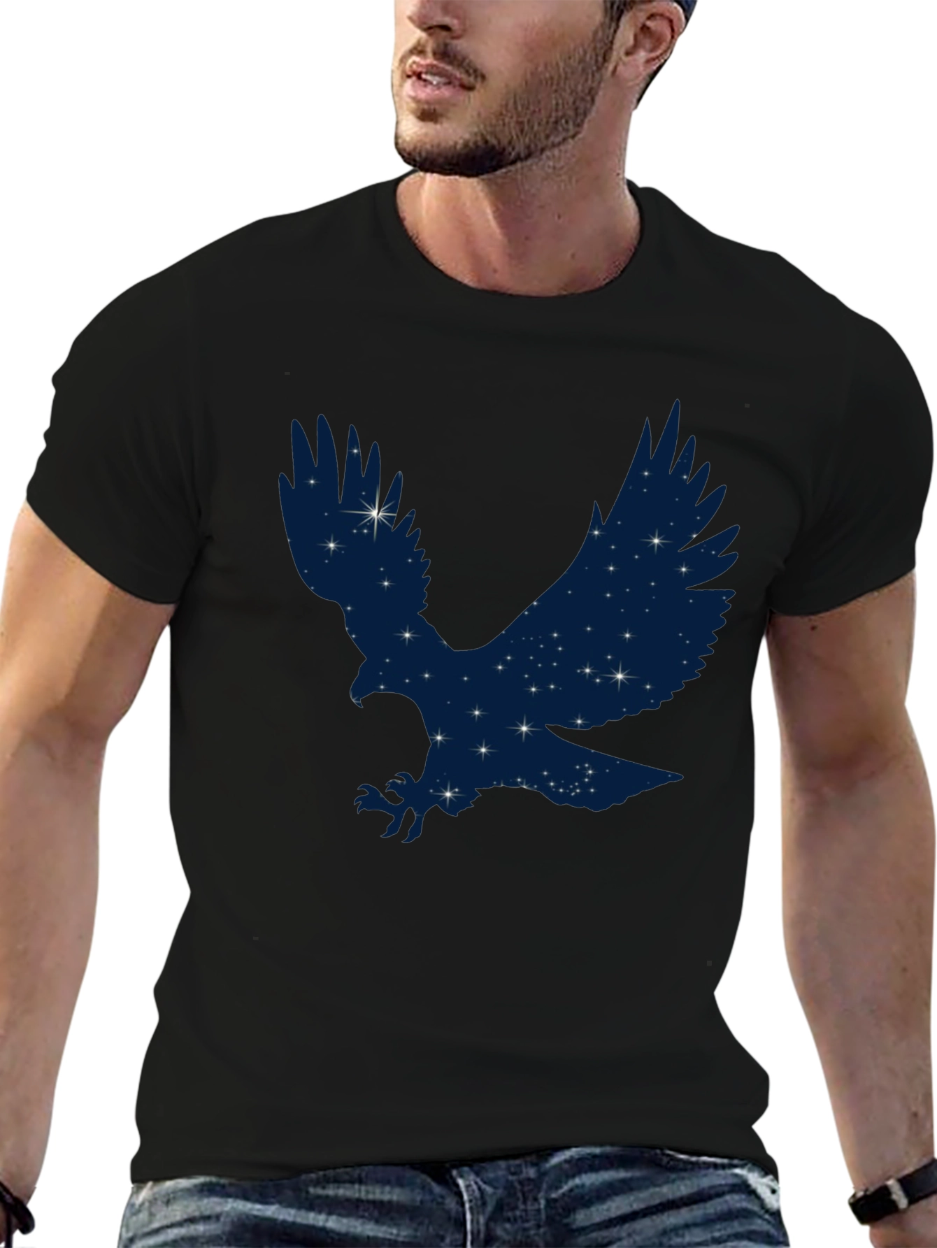 Starry Eagle Graphic Tee - Soft Black Cotton T-Shirt