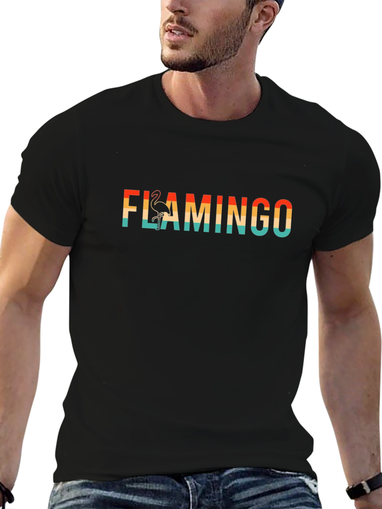 Retro Flamingo Graphic Tee - Black Cotton T-Shirt